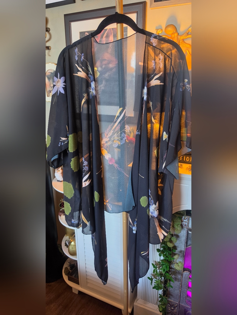 Black Floral Sheer Draped Kimono